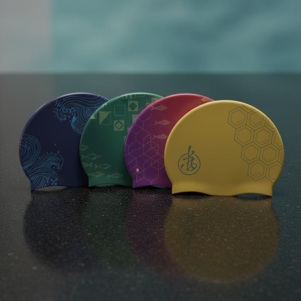 The alt text for the image is: A cluster of five vibrant swim caps rests on a glossy black tabletop, set against a subtle ...